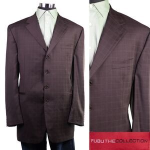Men’s FUBU The Collection check print 100% wool brown plaid 46L blazer